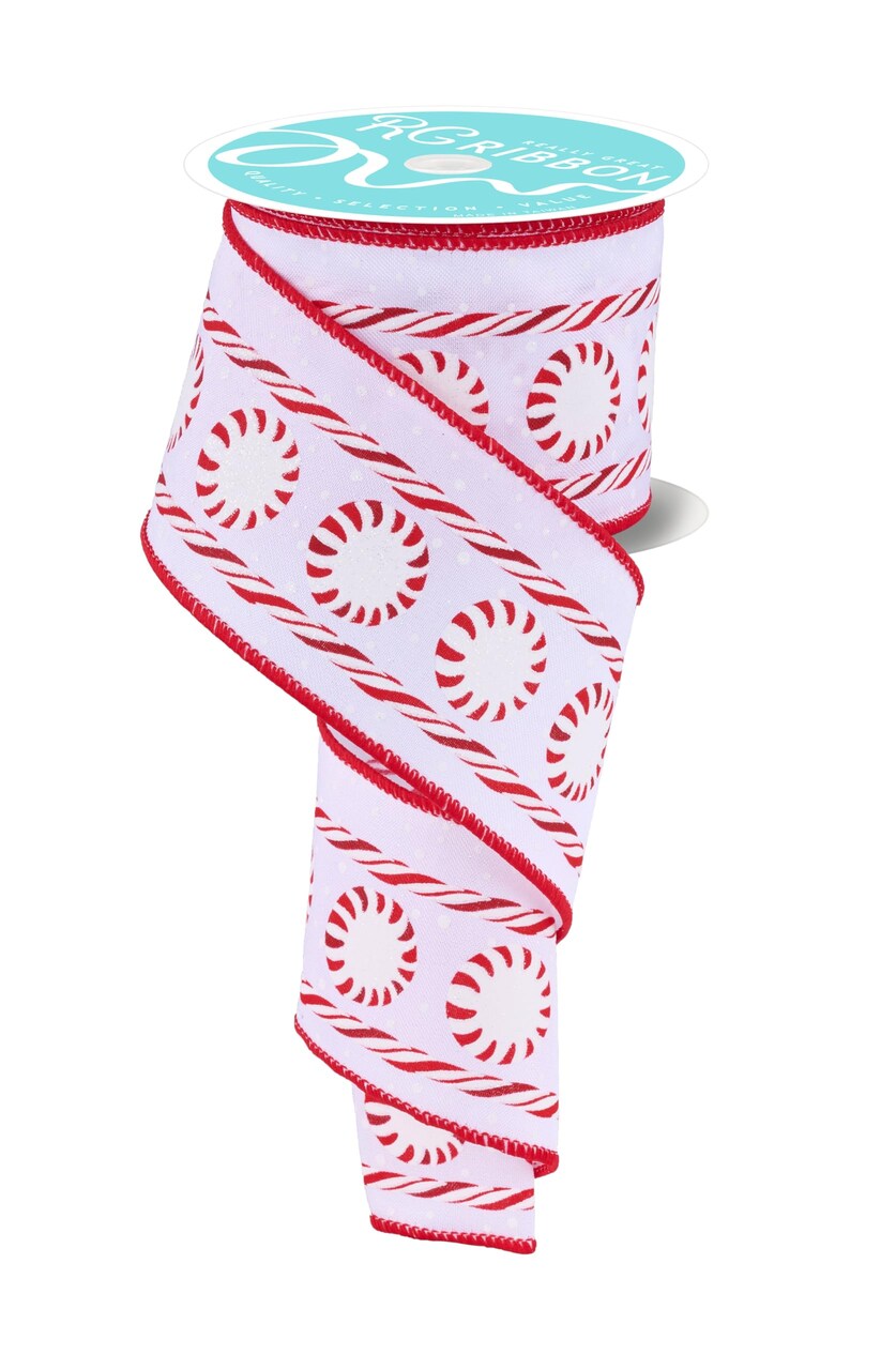 RG Ribbon: 2.5" Peppermints and Candy Ribbon Stripes Wired Ribbon - 10 Yards - White, Red - For Bows, Wreaths, Crafts and Christmas Decorations, Satin
